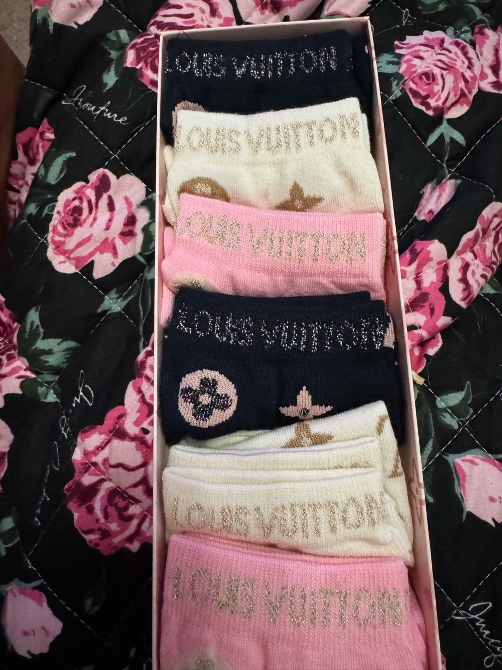 Designer Cream and Gold Patterned Socks 5 pairs, in box